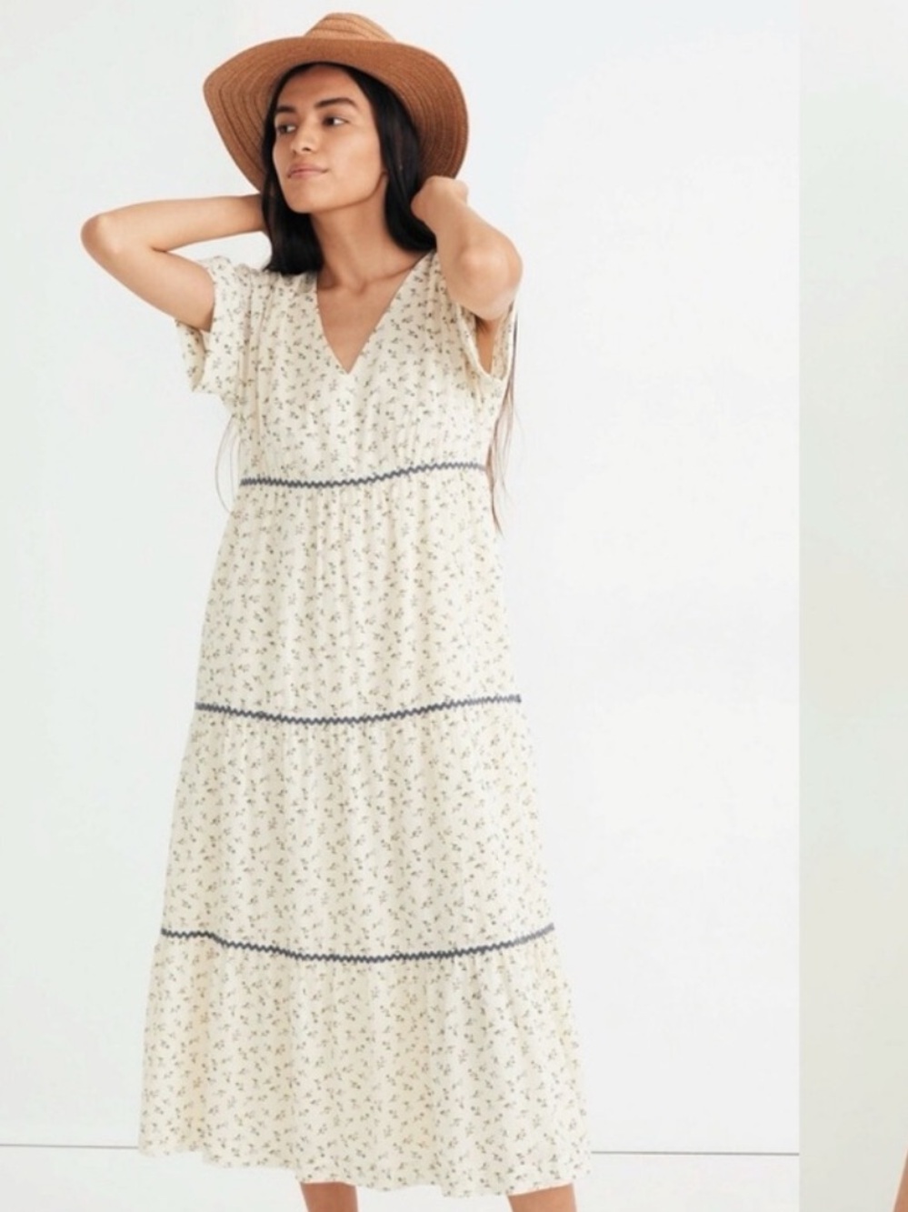 Madewell NWT Cream Floral Tiered Maxi Dress with Blue/Gray Trim Size XXL